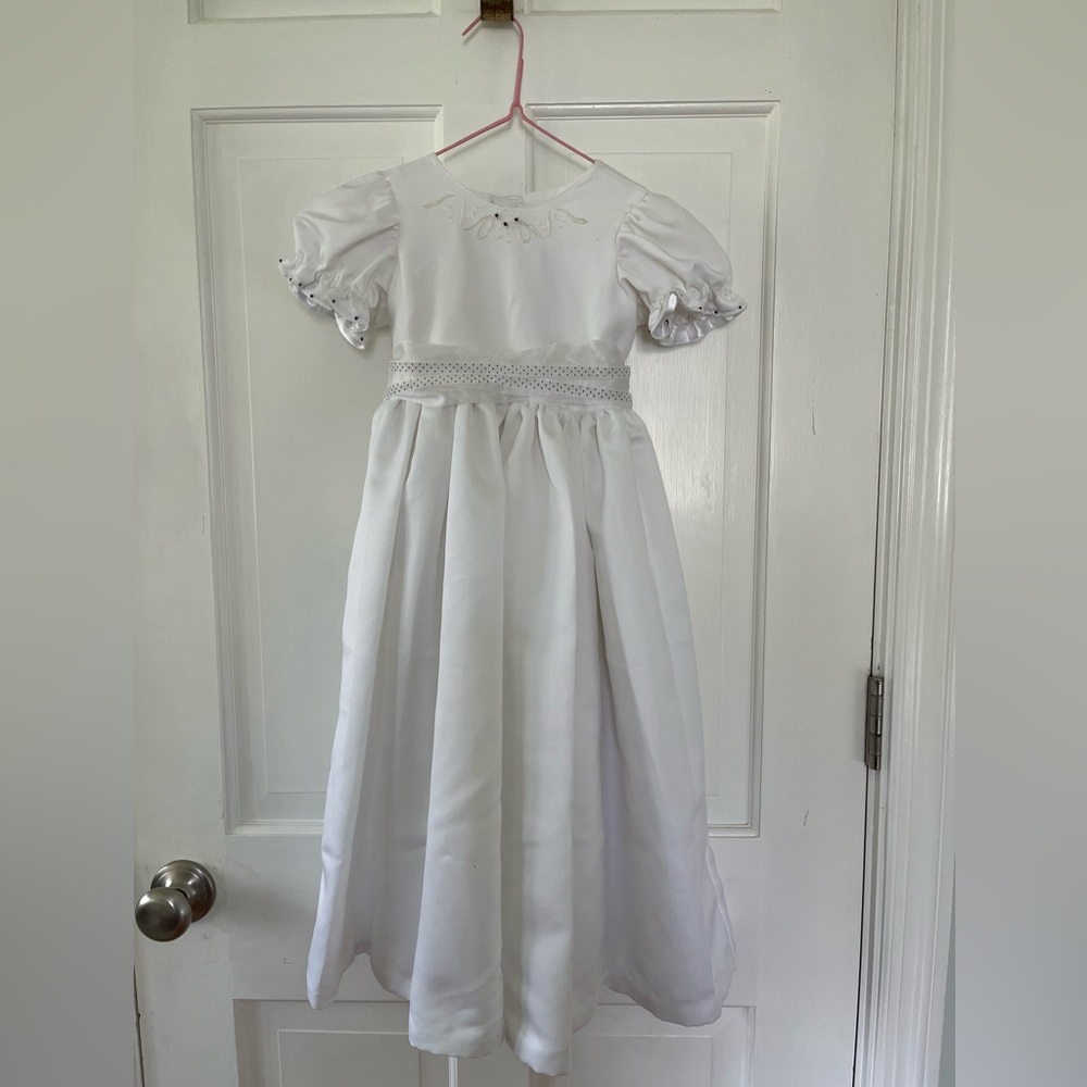Handmade Flower Girl Dress White Matte Satin with Embroidery Size 4